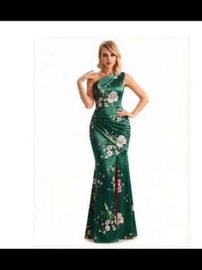 Women's One-Shoulder Emerald Green Floral Satin Evening Dress